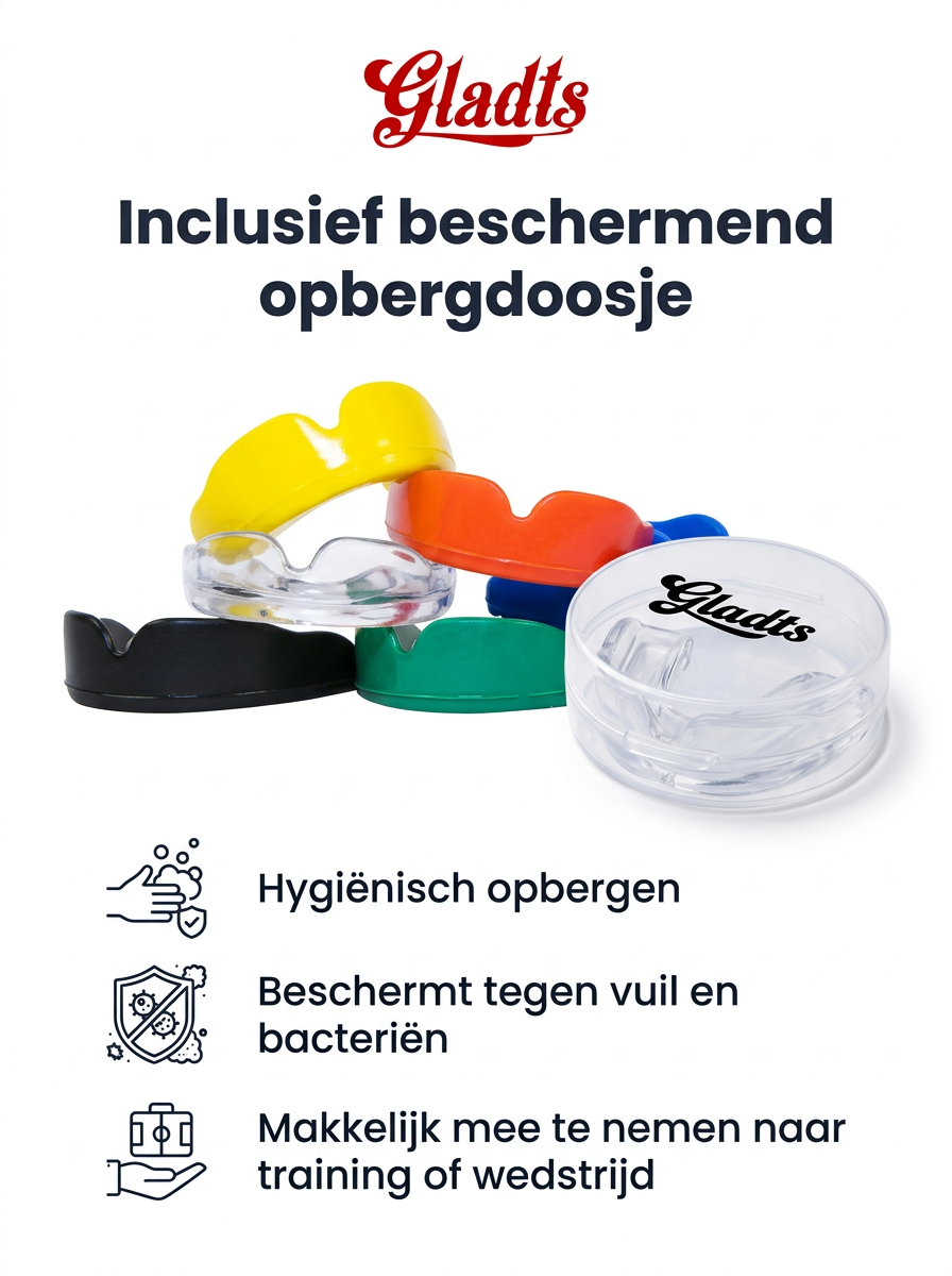 Gladts Gebitsbeschermer en opbergdoosje vechtsport-boksen-kickboksen-hockey-rugby en alle andere sporten