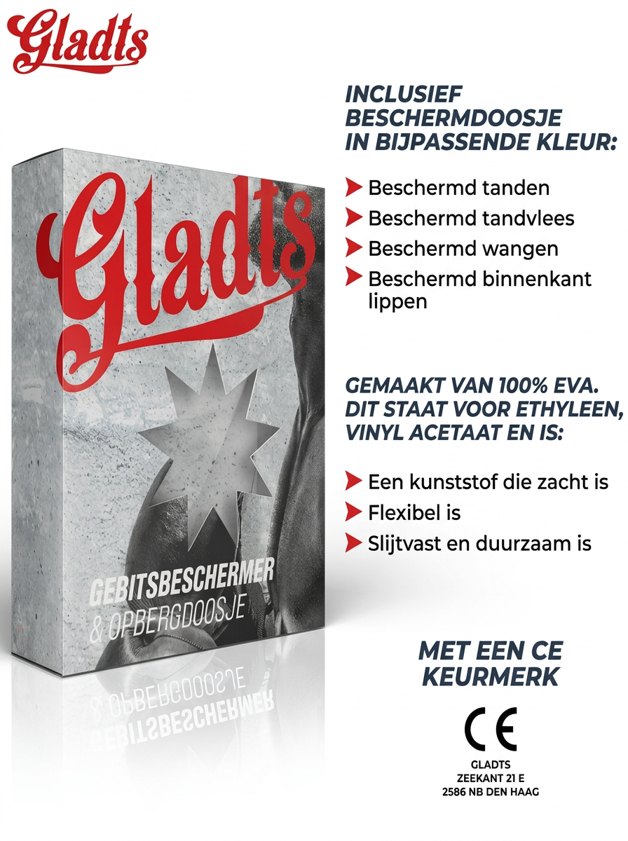 Gladts Gebitsbeschermer en opbergdoosje vechtsport-boksen-kickboksen-hockey-rugby en alle andere sporten