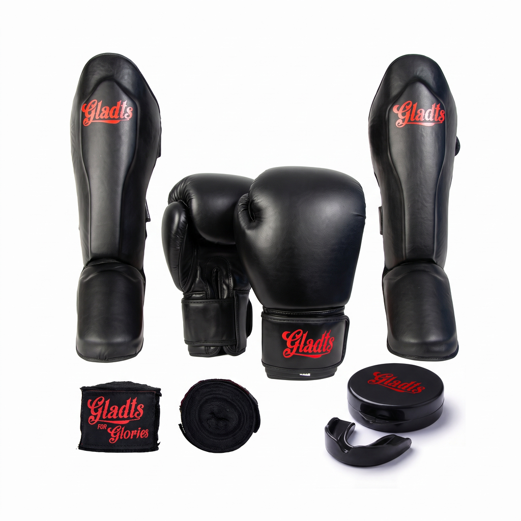 GLADTS kickboks starterset Classic Red: bokshandschoenen, scheenbeschermers, bandages en gebitsbeschermer met opbergdoosje