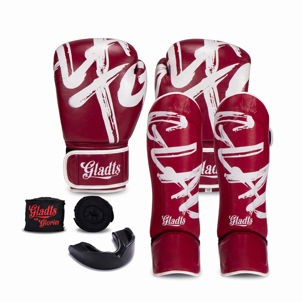 GLADTS kickboks starterset bordeauxrood: bokshandschoenen, scheenbeschermers, bandages en gebitsbeschermer met opbergdoosje